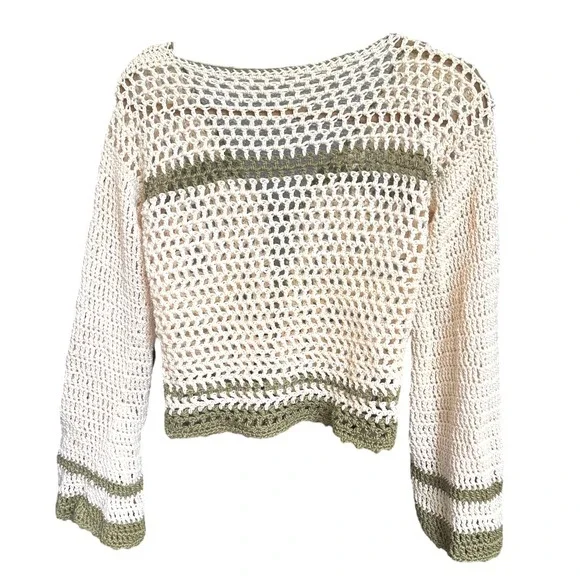 Crochet Tie Front Cream Green Long Sleeve Cardigan S‎ - Picture 2 of 5